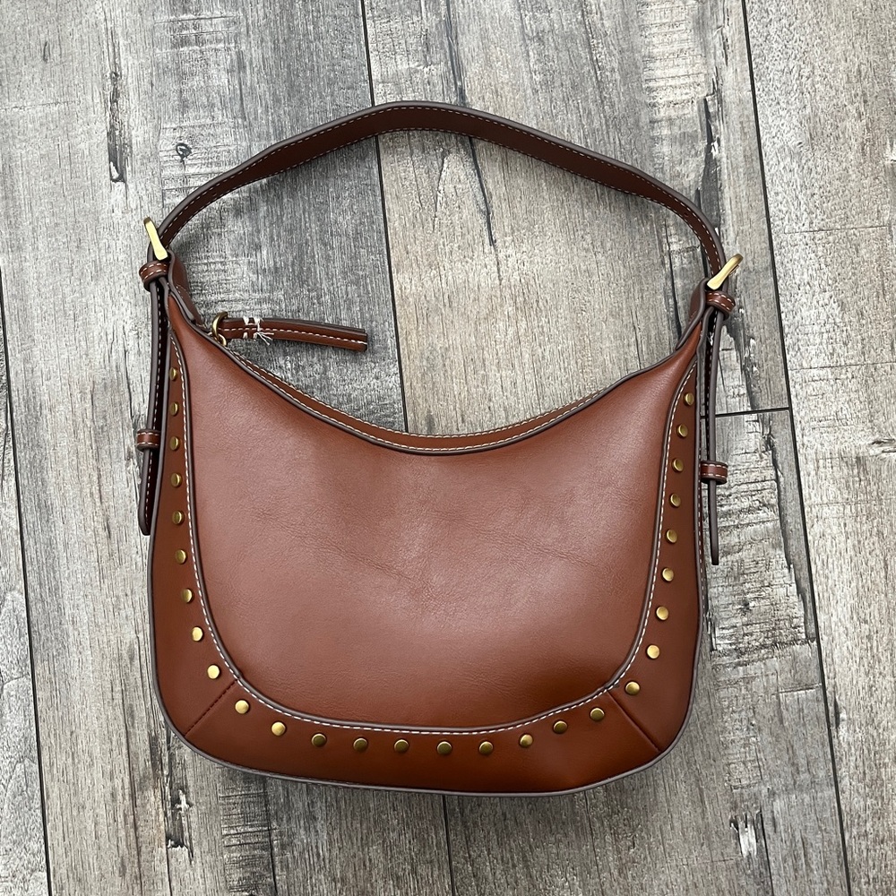 Mango Brown Leather Shoulder Bag with Gold Studs